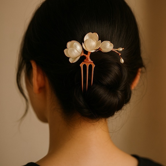 Accessories - Elegant Gold Magnolia Hair Comb with Faux Pearls – Vintage Style Floral Hairpin
